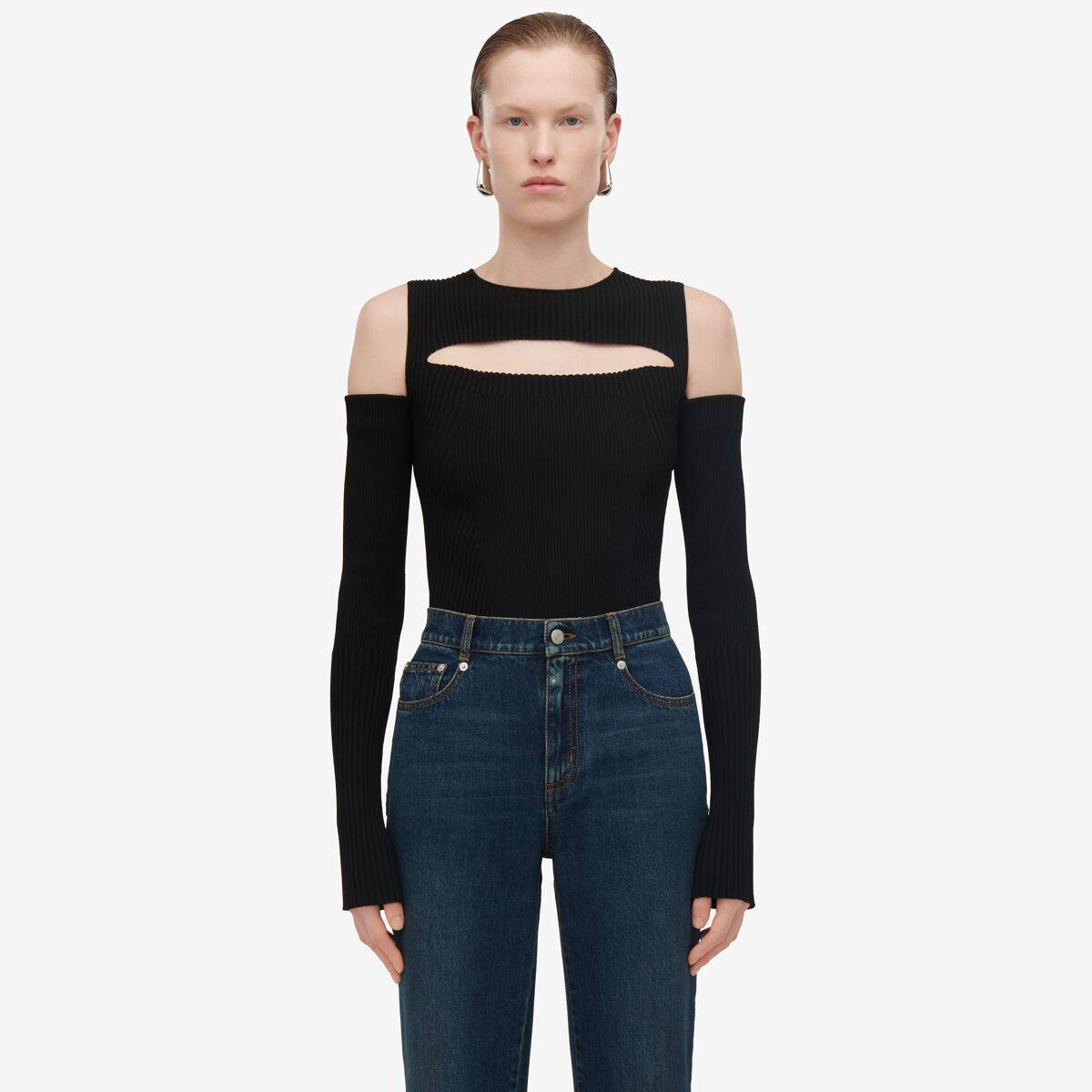 Alexander McQueen Women's Black Slashed Knit Top - XL (Viscose, Polyamide, Polyester & Elastan)